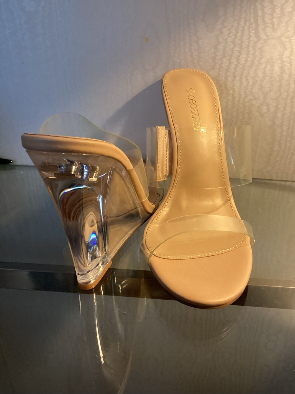 Shoe Dazzle Nude Clear-Strap Slide Heels SZ 9, $25. - Picture 4 of 8